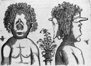 Verschiedene Arten menschlicher Monster: Gesicht und Gesicht eines Monsterkopfes. Stich aus „De monstrorum natura, causis et differentiis“ von Fortunio Liceti (1577-1656), italienischer Wissenschaftler. 1646 von Italian School