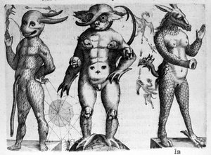 Verschiedene Arten von menschlichen Monstern mit halb menschlichen, halb tierischen Körpern. Gravur aus „De monstrorum natura, causis et differentiis“ von Fortunio Liceti (1577-1656), italienischer Wissenschaftler. 1646