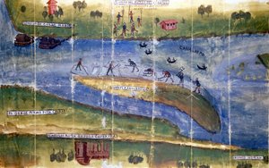 Streit um das Recht auf Eisernten zwischen den Bewohnern des Flusses Po. 1535. Mailand, Nationalarchiv von Italian School