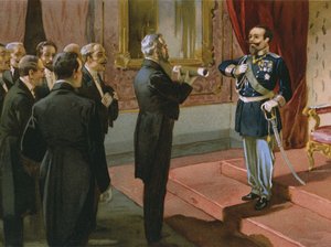 Herzog von Sermoneta überreicht König Viktor Emanuel II. das Plebiszit von Rom im Palazzo Pitti, Florenz, 1870, Illustration aus einem Album zur Geschichte des Risorgimento für die Schokolade Talmone, späte 19. Jahrhundert von Italian School