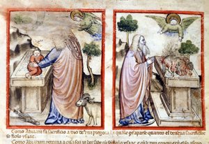 Episode des Opfers von Isaak durch Abraham. Miniatur aus Codex 212 (oder Padovano Codice oder Bibel von Padua) 1390-1400