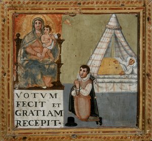 Ex-Voto, das einen Mann zeigt, der der Jungfrau auf Knien für die Heilung von einer Krankheit dankt, 1604