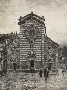 Fassade der Kathedrale von Bellano, Comer See, Italien, Gravur nach einer Zeichnung von Quinto Michetti, aus L