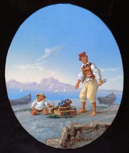 Fischer am Strand mit der Insel Capri im Hintergrund von Italian School
