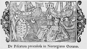 Fischen im norwegischen Ozean, Illustration aus Historia de Gentibus Septentrionalibus von Olaus Magnus (1490-1558), veröffentlicht in Rom, 1555 von Italian School