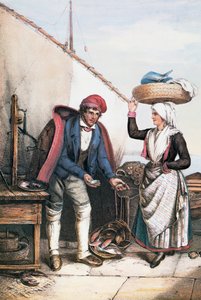 Fischhändler und Bauer, Illustration aus Kostüme von Istrien, Italien