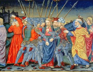 Fol.105v Simon Petrus verteidigt Christus und verwundet einen Soldaten mit einem Schwert