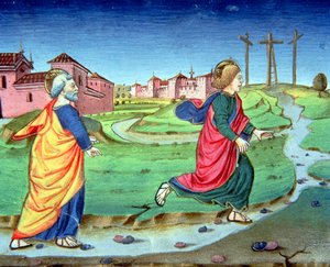 Fol.129vb Maria Magdalena überbringt Simon Petrus die Nachricht von der Auferstehung von Italian School