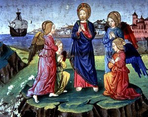 Fol.83r Christus wird von einem Kreis von Engeln beschützt von Italian School
