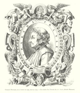 Francesco Petrarca, geboren in Arezzo 1304, gestorben 1374, Faksimile eines Porträts aus dem 16. Jahrhundert, British Museum (Gravur) von Italian School
