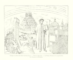 Fresko an der Porta dei Servi von Santa Croce, Allegorisches Bild, Dante, Florenz und die sieben Kreise, von Domenico di Michelino (Gravur) von Italian School