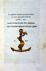 Frontispiz von „Naturalium Questionum Libri VII“ oder „Naturfragen Buch VII“ von Seneca dem Philosophen oder Lucius Annaeus Seneca (2 v. Chr. - 65 n. Chr.), gedruckt 1503 von Aldo Manuzio (Alde Manonce) (1450 - 1515), venezianischer Gelehrter und Drucker