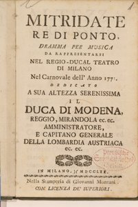 Frontispiz aus einer frühen Kopie von Mitridate, re di Ponte, einer Oper von Wolfgang Amadeus Mozart, 1770