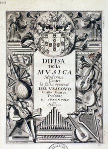Frontispiz der Verteidigung der modernen Musik: gegen die falsche Meinung von Bischof Cirillo Franco, von König Jakob IV. von Portugal