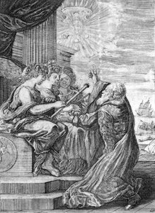 Galileo, Astronom (1564 - 1642), präsentiert das Teleskop den drei Grazien. Mit seiner rechten Hand zeigt er auf den Planeten Jupiter mit seinen von ihm entdeckten Satelliten, die er der Medici-Familie widmete. Frontispiz von „Opere di Galileo“, Bologna