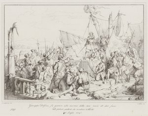 Giuseppe Dolfino lässt die Mannschaft seines Schiffes schwören, das Pulver lieber in die Luft zu jagen, als sich zu ergeben von Italian School