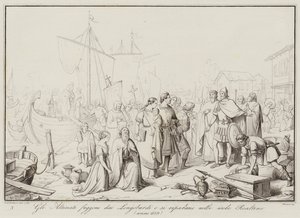 Die Altinati fliehen vor den Langobarden und suchen Zuflucht auf den Realtine-Inseln, 639 (Gravur) von Italian School