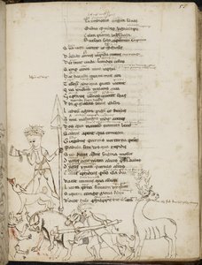 Harley 2453, f.55 Eine Jagdszene mit einem Wildschwein, einem Hirsch, Jägern, Hunden und einem Hasen, aus 