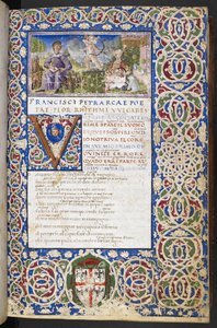 Harley 3567, f.9 Miniatur von Petrarca und Laura, mit Amor, der seinen Pfeil auf Laura richtet, aus 