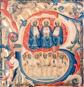Historiierte Initiale B, die die Dreifaltigkeit und Christus umgeben von Engeln zeigt, Bologneser Schule, ca. 1340-50