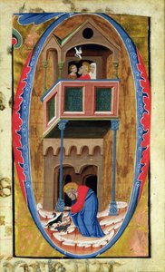 Historisierte Initiale D, die Szenen aus der Legende eines Heiligen zeigt, Ende des 14. Jahrhunderts
