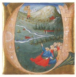Illustrierte Initiale, die Elisa im Mantel von Elija zeigt, Ausschnitt aus einem Antiphonar, ca. 1440