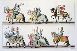 Heiliges Römisches Reich: Teilnehmer an einem Turnier auf der Burg Luxemburg zur Zeit von Maximilian I., aus Costumi dei Romani, Svizzeri.. ca. 1800-18