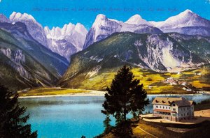 Hotel Molveno mit Brenta-Gruppe und Val delle Seghe, Postkarte, Trentino-Südtirol, 20. Jahrhundert von Italian School