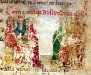 Wie die Zwietracht in der Kirche von Rom (Schisma) zwischen 1378 und 1417 entstand: Manuskript des 14. Jahrhunderts in „Croniche del Sercambi“. Nationalarchiv, Lucca