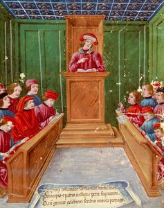 Humanismus: Unterricht im Notariatsrecht an der Universität Bologna, Miniatur aus einem Manuskript des 15. Jahrhunderts