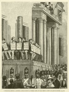Die Verurteilten hörten das Todesurteil, ausgestellt vor dem Publikum auf einer Bühne vor dem Justizpalast (Gravur) von Italian School