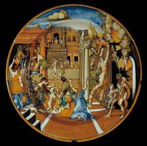 Ilias von Homer: Fayence-Teller, der den Brand von Troja darstellt von Italian School