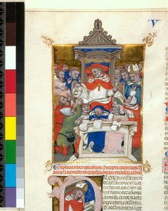Illuminierte Handschrift. Novella in Decretales. Beginn von Buch V, De accusationibus, inquisitionibus et denuntiationibus, ca. 1355-1365 von Italian School