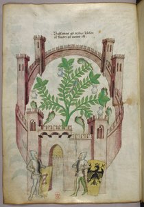 Illustration des Balsamgartens von Kairo (Fustat), mit sieben Wasserbecken und Krügen, um den Balsam zu fangen, eine Pflanze in der Mitte, mit zwei Rittern in Rüstung, die das Tor flankieren, mit Schilden mit Wappen, um 1440 von Italian School