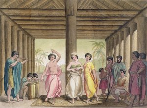 Innenansicht eines tahitianischen Hauses mit tanzenden Mädchen, Illustration aus einer Sammlung von Reisebüchern des frühen 19. Jahrhunderts