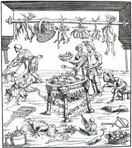 Innenansicht einer italienischen Küche, nach einem Holzschnitt in Banchetti compositioni di Vivende von Christoforo di Messisburgo, veröffentlicht 1549