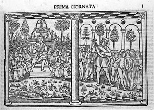 Einführung: Darstellung des Autors des Decameron umgeben von zehn jungen Menschen. Illustration des ersten Tages des Decameron (1349-1351) von Giovanni Boccaccio oder Jean Boccace (1313-1375)