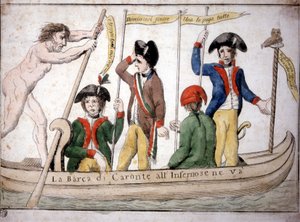 Italienische Karikatur über Napoleon Caron, der Napoleon in seinem Boot zur Hölle bringt. von Italian School
