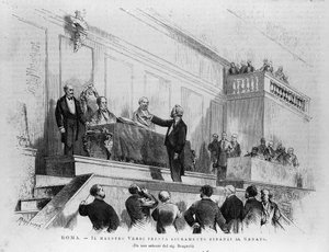 Der italienische Komponist Giuseppe Verdi (1813-1901) wurde 1874 zum Senator ernannt, Rom. Gravur von 1875