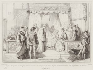 Jacopo Lusignano, König von Zypern, empfiehlt auf dem Sterbebett das Königreich und seine Frau Caterina Cornaro von Italian School