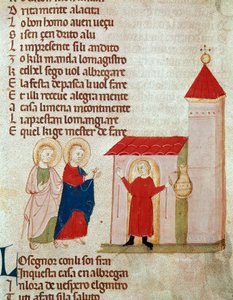 Joseph und Maria suchen Asyl. Miniatur aus „Del novo e del vedre testamento“ von Pietro da Barsegape (13. Jahrhundert) 14. Jahrhundert Mailand, Biblioteca Braidense von Italian School