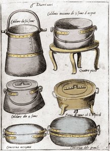 Küchenutensilien: Platte, die verschiedene Arten von Töpfen, Töpfen, Kesseln darstellt. Gravur aus „Opera“, Buch über Gastronomie in 6 Teilen, von Bartolomeo Scappi, persönlicher Koch von Papst Pius V. Venedig