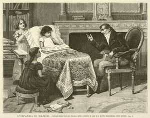 Die Kindheit von Mazzini, hier glücklich mit seinem kleinen Bett bedeckt mit Büchern und Karten, bestimmte Fragen stellend (Gravur) von Italian School