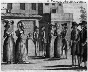 Letzte Szene des dritten Akts des Lustspiels „Der Fächer“ (1764) von Carlo Goldoni (1707-1793)