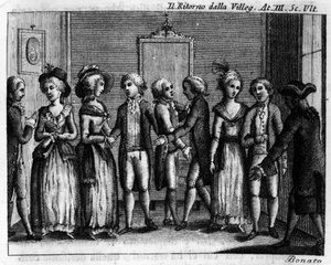 Letzte Szene des 3. Akts des Lustspiels "Ritorno della villeggiatura" (Rückkehr der Stadt) (1761) von Carlo Goldoni (1707-1793). Gravur aus dem 18. Jahrhundert von Italian School