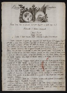 Brief auf Italienisch, mit einer Darstellung des Kopfes von Brutus dem Jüngeren, einer brennenden Hand, die Gaius Mucius Scaevola darstellt, und dem Motto der Französischen Revolution von Italian School