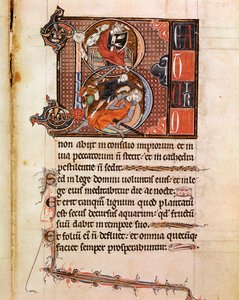 Lettrine B dekoriert mit der Darstellung von König David, der Psalter spielt und Goliath besiegt. Seite aus dem Manuskript 