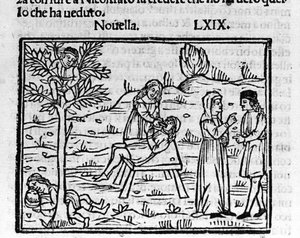 Lidia, eine ehebrecherische Frau, wird von ihrem Ehemann in den Armen von Pirro überrascht. Illustration zur Novelle 69 (Novelle 9 des siebten Tages) des „Decameron“ von Giovanni Boccaccio genannt Jean Boccaccio (1313-1375), italienischer Schriftsteller