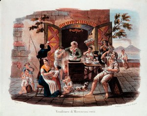 Kleiner neapolitanischer Beruf: ein Verkäufer von gekochten Makkaroni. Im Hintergrund der Vesuv an der Bucht von Neapel. Lithografie des 19. Jahrhunderts. Museo Nazionale delle Paste Alimentari, Fondazione Agnesi, Rom