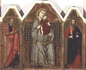 Madonna und Kind auf dem Thron, mit den Heiligen Johannes dem Evangelisten und Paulus, Riminese Schule (Triptychon-Panel)
